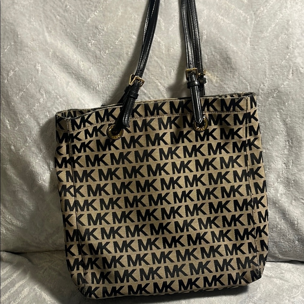 Michael Kors Black and Tan Tote with Iconic MK Pattern